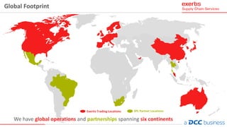 Exertis Trading Locations
six continentsglobal operationsWe have and spanningpartnerships
3PL Partner Locations
Global Footprint
 