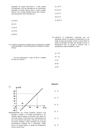 graduado na escala Fahrenheit e o valor obtido
correspondeu a 4/5 da indicação de um termômetro
graduado na escala Celsius, para o mesmo estado
térmico. Se a escala adotada tivesse sido a Kelvin,
esta temperatura seria indicada por :
a) 25,6 K
b) 32 K
c) 241 K
d) 273 K
e) 305 K
11) O gráfico representa a relação entre a temperatura medida
numa escala X e a mesma temperatura medida na escala
Celsius.
Em que temperatura o valor em X é a metade
do valor em Celsius ?
12)
(MACKENZIE/96) Um turista brasileiro sente-se mal
durante a viagem e é levado inconsciente a um
hospital. Após recuperar os sentidos, sem saber em
que local estava, é informado que a temperatura de
seu corpo atingira 104 graus, mas que já "caíra" de
5,4 graus. Passado o susto, percebeu que a escala
termométrica utilizada era a Fahrenheit. Desta
forma, na escala Celsius, a queda de temperatura
de seu corpo foi de :
a) 1,8 °C
b) 3,0 °C
c) 5,4 °C
d) 6,0 °C
e) 10,8 °C
13) (UEL/97) O termômetro construído por um
estudante marca 1°E quando a temperatura é a da
fusão do gelo sob pressão normal e marca 96°E no
ponto de ebulição da água sob pressão normal. A
temperatura lida na escola E coincide com a
temperatura Celsius APENAS no valor
a) – 20
b) – 10
c) 10
d) 20
e) 40
Gabarito :
1) D
2) A
3) B
4) E
5) D
6) A
 
