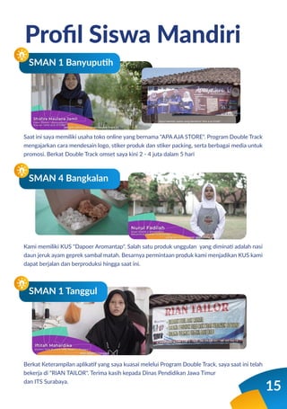 15
Saat ini saya memiliki usaha toko online yang bernama "APA AJA STORE". Program Double Track
mengajarkan cara mendesain logo, stiker produk dan stiker packing, serta berbagai media untuk
promosi. Berkat Double Track omset saya kini 2 - 4 juta dalam 5 hari
Proﬁl Siswa Mandiri
SMAN 1 Banyuputih
Kami memiliki KUS "Dapoer Aromantap". Salah satu produk unggulan yang diminati adalah nasi
daun jeruk ayam geprek sambal matah. Besarnya permintaan produk kami menjadikan KUS kami
dapat berjalan dan berproduksi hingga saat ini.
SMAN 4 Bangkalan
Berkat Keterampilan aplikatif yang saya kuasai melelui Program Double Track, saya saat ini telah
bekerja di "RIAN TAILOR". Terima kasih kepada Dinas Pendidikan Jawa Timur
dan ITS Surabaya.
SMAN 1 Tanggul
 