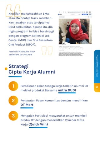 Pembinaan calon tenaga kerja terlatih alumni DT
melalui produksi Bersama mitra DUDI
Festival SMA Double Track
detik.com, 30 Des 2019
6
ProgramSMADoubleTrack
Strategi
Cipta Kerja Alumni
Khofifah menambahkan SMA
atau MA Double Track memberi-
kan jawaban atas terciptanya
SDM berkualitas. Karena itu, dia
ingin program ini bisa bersinergi
dengan program Millenial Job
Center (MJC) dan One Pesantren
One Product (OPOP).
1
Penguatan Pasar Komunitas dengan mendirikan
DT Mart
2
Mengajak Partisiasi masyarakat untuk membeli
produk DT dengan menerbitkan Voucher Cipta
Kerja (Quick Win)
3
 