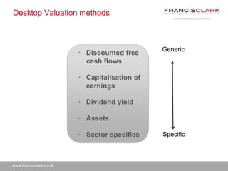 www.francisclark.co.uk
Desktop Valuation methods
• Discounted free
cash flows
• Capitalisation of
earnings
• Dividend yield
• Assets
• Sector specifics
Generic
Specific
 