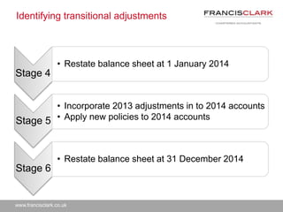 www.francisclark.co.uk
Identifying transitional adjustments
Stage 4
• Restate balance sheet at 1 January 2014
Stage 5
• Incorporate 2013 adjustments in to 2014 accounts
• Apply new policies to 2014 accounts
Stage 6
• Restate balance sheet at 31 December 2014
 