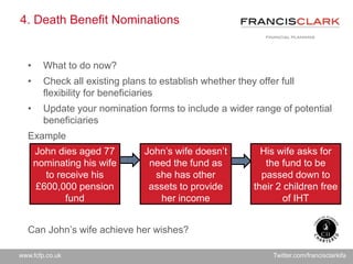 www.fcfp.co.uk Twitter.com/francisclarkifa
4. Death Benefit Nominations
• What to do now?
• Check all existing plans to establish whether they offer full
flexibility for beneficiaries
• Update your nomination forms to include a wider range of potential
beneficiaries
Example
Can John’s wife achieve her wishes?
John dies aged 77
nominating his wife
to receive his
£600,000 pension
fund
John’s wife doesn’t
need the fund as
she has other
assets to provide
her income
His wife asks for
the fund to be
passed down to
their 2 children free
of IHT
 