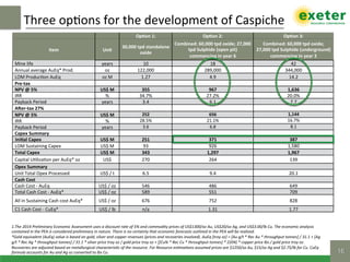 OpMon	1:	 OpMon	2:	 OpMon	3:	
Item	 Unit	
30,000	tpd	standalone	
oxide	
Combined:	60,000	tpd	oxide;	27,000	
tpd	Sulphide	(open	pit)	
commencing	in	year	6	
Combined:	60,000	tpd	oxide;	
27,000	tpd	Sulphide	(underground)	
commencing	in	year	3	
Mine	life	 years	 10	 18	 42	
Annual	average	AuEq*	Prod.	 oz	 122,000	 289,000	 344,000	
LOM	Produc$on	AuEq	 oz	M	 1.27	 4.9	 14.2	
Pre-tax		
NPV	@	5%	 US$	M	 355	 967	 1,636	
IRR	 %	 34.7%	 27.2%	 20.0%	
Payback	Period	 years	 3.4	 6.1	 7.7	
Aker-tax	27%	
NPV	@	5%	 US$	M	 252	 656	 1,144	
IRR	 %	 28.5%	 21.1%	 16.7%	
Payback	Period	 years	 3.6	 6.8	 8.1	
Capex	Summary	
IniMal	Capex	 US$	M	 251	 371	 387	
LOM	Sustaining	Capex	 US$	M	 93	 926	 1,580	
Total	Capex	 US$	M	 343	 1,297	 1,967	
Capital	U$liza$on	per	AuEq*	oz	 US$	 270	 264	 139	
Opex	Summary	
Unit	Total	Opex	Processed	 US$	/	t	 6.5	 9.4	 20.1	
Cash	Cost	
Cash	Cost	-	AuEq	 US$	/	oz	 546	 486	 649	
Total	Cash	Cost	-	AuEq*	 US$	/	oz	 589	 551	 709	
All	in	Sustaining	Cash	cost	AuEq*	 US$	/	oz	 676	 752	 828	
C1	Cash	Cost	-	CuEq*	 US$	/	lb	 n/a	 1.31	 1.77	
Three	op$ons	for	the	development	of	Caspiche	
16!
1.The	2014	Preliminary	Economic	Assessment	uses	a	discount	rate	of	5%	and	commodity	prices	of	US$1300/oz	Au,	US$20/oz	Ag,	and	US$3.00/lb	Cu.	The	economic	analysis	
contained	in	the	PEA	is	considered	preliminary	in	nature.	There	is	no	certainty	that	economic	forecasts	outlined	in	the	PEA	will	be	realized.	
*Gold	equivalent	(AuEq)	value	is	based	on	gold,	silver	and	copper	revenues	(prices	and	recoveries	involved).	AuEq	[troy	oz]	=	[Au	g/t	*	Rec	Au	*	throughput	tonnes]	/	31.1	+	[Ag	
g/t	*	Rec	Ag	*	throughput	tonnes]	/	31.1	*	silver	price	troy	oz	/	gold	price	troy	oz	+	[[Cu%	*	Rec	Cu	*	throughput	tonnes]	*	2204]	*	copper	price	lbs	/	gold	price	troy	oz.	
Recoveries	are	adjusted	based	on	metallurgical	characterisUc	of	the	resource.	For	Resource	esUmaUons	assumed	prices	are	$1250/oz	Au,	$15/oz	Ag	and	$2.75/lb	for	Cu.	CuEq	
formula	accounts	for	Au	and	Ag	oz	converted	to	lbs	Cu.		
 