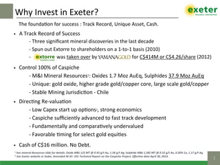 •  A	Track	Record	of	Success	
	 	-	Three	signiﬁcant	mineral	discoveries	in	the	last	decade		
	 	-	Spun	out	Extorre	to	shareholders	on	a	1-to-1	basis	(2010)	
	 	-	 																	was	taken	over	by																												for	C$414M	or	C$4.26/share	(2012)	
•  Control	100%	of	Caspiche	 	 	 		
	 	-	M&I	Mineral	Resources1:	Oxides	1.7	Moz	AuEq,	Sulphides	37.9	Moz	AuEq		
	 	-	Unique:	gold	oxide,	higher	grade	gold/copper	core,	large	scale	gold/copper	
	 	-	Stable	Mining	Jurisdic$on	-	Chile	
•  Direc$ng	Re-valua$on	
	 	-	Low	Capex	start	up	op$ons2,	strong	economics	
	 	-	Caspiche	suﬃciently	advanced	to	fast	track	development	
	 	-	Fundamentally	and	compara$vely	undervalued	
	 	-	Favorable	$ming	for	select	gold	equi$es	
•  Cash	of	C$16	million.	No	Debt.	
Why	Invest	in	Exeter?	
3!
The	founda$on	for	success	:	Track	Record,	Unique	Asset,	Cash.	
1	See	mineral	Resources	slide	for	details:	Oxide	M&I	122	MT	@	0.43	g/t	Au,	1.58	g/t	Ag;	Sulphide	M&I	1,282	MT	@	0.52	g/t	Au,	0.20%	Cu,	1.17	g/t	Ag.		
2	See	Exeter	website	or	Sedar,	Amended	NI	43	-101	Technical	Report	on	the	Caspiche	Project.	Eﬀec]ve	date	April	30,	2014.	
 