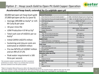 60,000	tpd	open	pit	heap	leach	gold	
27,000	tpd	open	pit	Au	Cu	(year	6)		
•  Average	289,000	oz	AuEq*	or	125	
M	CuEq	lb	per	year	
•  18	year	mine	life	
•  LOM	Produc$on	4.9	M	oz	Eq*	
•  Total	cash	cost	of	US$551	per	oz	
AuEq*	
•  Ini$al	CAPEX	US$375	million	
•  Sustaining	and	closure	costs	are	
es$mated	at	US$924	million	
•  Pre-tax	NPV5%	of	US$967	million	
and	an	IRR	of	27.2%	
•  Peak	water	requirement	is	185	
litres	per	second.	
Op$on	21	:	Heap	Leach	Gold	to	Open	Pit	Gold	Copper	Opera$on	
36!
Value	
General	Parameters	
Plant	feed	Est	(Tonnes	&	Grade)	(oxide)	1	 M&I:	143	Mt	@	0.38	g/t	Au	&	1.54	g/t	Ag	
Plant	feed	Est	(Tonnes	&	Grade)	(Sulphide)	1	 M&I:	111	Mt	@	0.76	g/t	Au	&	0.27%	Cu	
LOM	Opera$ng	Cost		 US$/t	14.4	“ore”	
Throughput	 60,000	tpd	(oxide);	27,000	tpd	(sulphide)	
Mine	Life	 18	years	
Strip	Ra$o	(Waste:Ore)	 1	:	1	
Gold	Recoveries	 80%	(oxide);	75%	(sulphide)	
Copper	Recoveries	 89%	(sulphide)	
ProducMon	
Avg.	Annual	AuEq	Produc$on	 289,000	oz	
Avg.	Annual	CuEq	Produc$on	 125	million	lbs	
LOM	AuEq	Produc$on	 4.9	million	oz	
Capital	Costs	
Ini$al	Capital	(Incl.	Con$ngency)	 US$371	million	
Addi$onal	CAPEX	(incl.	sustaining	and	closure)	 US$926	million	
Cash	Costs	
Total	Cash	Costs		 US$551/oz	
All	in	Sustaining	Cash	Cost	 US$752/oz	
C1	Cash	Cost	 US$1.31/lb	
Gold	Price	AssumpMon	 US$1300/oz	
ValuaMon	(aker-tax	27%)	
NPV	(5%)	 US$656	million	
IRR	 21.1%	
Payback	Period	 6.8	years	
ValuaMon	(before-tax)	
NPV	(5%)	 US$967	million	
IRR	 27.2%	
Payback	Period	 6.1	years	
Accelerated	heap	leach;	extended	Au	Cu	sulphide	open	pit	
*Refer	to	Complete	Mineral	Resources	slide	in	the	Appendix	for	details.	
1See	Exeter	website	or	Sedar,	Amended	NI	43	-101	Technical	Report	on	the	Caspiche	Project.	Eﬀec]ve	date	April	30,	2014.	
2Base	case	assumes	a	5%	discount	rate	with	commodity	prices	of	US$1,300/oz	Au,	US$3.00/lb	Cu,	and	US$20/oz	Ag.	
The	economic	analysis	contained	in	the	PEA	is	considered		
preliminary	in	nature.	There	is	no	certainty	that	economic		
forecasts	outlined	in	the	PEA	will	be	realized.	
 