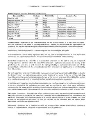 EXETER RESOURCE CORPORATION - CASPICHE PROJECT
TECHNICAL REPORT FEBRUARY 2009 12
TABLE 1 Listing of the concessions that form the Caspiche property.
Concession Name Hectares Claim Holder Concession Type
Caspiche 1/10 100 Anglo Exploitation
Vega de Caspiche 1/9 81 Anglo Exploitation
Caspiche II 1/32 312 Anglo Exploitation
Caspiche III 1/10 100 Anglo Exploitation
Caspiche IV 1/7 70 EMABLOS Exploitation in Application
Caspiche IV 11/16 2 EMABLOS Exploitation in Application
Caspiche V 1/20 185 EMABLOS Exploitation in Application
Caspiche VI 1/25 243 EMABLOS Exploitation in Application
Caspiche VII 1/20 169 EMABLOS Exploitation in Application
TOTAL 1262
The exploitation concessions do not have expiry dates, and are in good standing as at the date of this report.
With the exception of the option to acquire granted to the Company, no encumbrances are registered on the
properties and they are not affected by the payment of royalties or other obligations in favour of third parties.
The following brief description of the Chilean mining code was provided by Mr. Pablo Mir.
In accordance with Chilean mining legislation, there are two types of mining concessions in Chile; exploration
concessions and exploitation concessions. The principal characteristics of each are the following:
Exploration Concessions: the titleholder of an exploration concession has the right to carry out all types of
mining exploration activities within the area of the concession. Exploration concessions can overlap or be
granted over the same area of land; however, the rights granted by an exploration concession can only be
exercised by the titleholder with the earliest dated exploration concession over a particular area as indicated by
their ROL number.
For each exploration concession the titleholder must pay an annual fee of approximately US$1.10 per hectare to
the Chilean Treasury and exploration concessions have a duration of two years. At the end of this period, they
may (I) be renewed as an exploration concession for two further years in which case at least 50% of the surface
area must be renounced, or (ii) be converted, totally or partially, into exploitation concessions.
A titleholder with the earliest dated exploration concession has a preferential right to an exploitation concession
in the area covered by the exploration concession, over any third parties with a later dated exploration
concession for that area or without an exploration concession at all and must oppose any applications made by
third parties for exploitation concessions within the area for the exploration concession in order to remain valid.
Exploitation Concessions: The titleholder of an exploitation concession is granted the right to explore and
exploit the minerals located within the area of the concession and to take ownership of the minerals that are
extracted. Exploitation concessions can overlap or be granted over the same area of land; however, the rights
granted by an exploitation concession can only be exercised by the titleholder with the earliest dated
exploitation concession over a particular area.
Exploitation Concessions are of indefinite duration and an annual fee is payable to the Chilean Treasury in
relation to each exploitation concession of approximately US$5.80 per hectare.
 