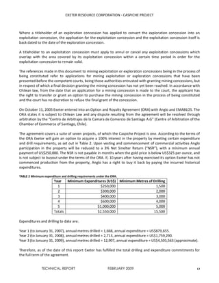 EXETER RESOURCE CORPORATION - CASPICHE PROJECT
TECHNICAL REPORT FEBRUARY 2009 13
Where a titleholder of an exploration concession has applied to convert the exploration concession into an
exploitation concession, the application for the exploitation concession and the exploitation concession itself is
back dated to the date of the exploration concession.
A titleholder to an exploitation concession must apply to annul or cancel any exploitation concessions which
overlap with the area covered by its exploitation concession within a certain time period in order for the
exploitation concession to remain valid.
The references made in this document to mining exploitation or exploration concessions being in the process of
being constituted refer to applications for mining exploitation or exploration concessions that have been
presented before the competent courts, being those authorities entrusted with granting mining concessions, but
in respect of which a final decision granting the mining concession has not yet been reached. In accordance with
Chilean law, from the date that an application for a mining concession is made to the court, the applicant has
the right to transfer or grant an option to purchase the mining concession in the process of being constituted
and the court has no discretion to refuse the final grant of the concession.
On October 11, 2005 Exeter entered into an Option and Royalty Agreement (ORA) with Anglo and EMABLOS. The
ORA states it is subject to Chilean Law and any dispute resulting from the agreement will be resolved through
arbitration by the “Centro de Arbitrajes de la Camara de Comercio de Santiago A.G” (Centre of Arbitration of the
Chamber of Commerce of Santiago, Chile).
The agreement covers a suite of seven projects, of which the Caspiche Project is one. According to the terms of
the ORA Exeter will gain an option to acquire a 100% interest in the property by meeting certain expenditure
and drill requirements, as set out in Table 2. Upon vesting and commencement of commercial activities Anglo
participation in the property will be reduced to a 3% Net Smelter Return (“NSR”), with a minimum annual
payment of US$250,000. The NSR is not payable in months when the gold price is below US$325 per ounce, and
is not subject to buyout under the terms of the ORA. If, 10 years after having exercised its option Exeter has not
commenced production from the property, Anglo has a right to buy it back by paying the incurred historical
expenditures.
TABLE 2 Minimum expenditure and drilling requirements under the ORA.
Year Minimum Expenditures (US$) Minimum Metres of Drilling
1 $250,000 1,500
2 $300,000 2,000
3 $400,000 3,000
4 $600,000 4,000
5 $1,000,000 5,000
Totals $2,550,000 15,500
Expenditures and drilling to date are:
Year 1 (to January 31, 2007), annual metres drilled = 1,668, annual expenditure = US$879,655.
Year 2 (to January 31, 2008), annual metres drilled = 2,713, annual expenditure = US$1,759,290.
Year 3 (to January 31, 2009), annual metres drilled = 12,907, annual expenditure = US$4,503,563 (approximate).
Therefore, as of the date of this report Exeter has fulfilled the total drilling and expenditure commitments for
the full term of the agreement.
 
