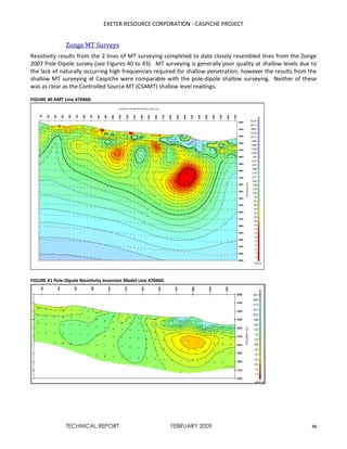 EXETER RESOURCE CORPORATION - CASPICHE PROJECT
TECHNICAL REPORT FEBRUARY 2009 56
Zonge MT Surveys
Resistivity results from the 2 lines of MT surveying completed to date closely resembled lines from the Zonge
2007 Pole-Dipole survey (see Figures 40 to 43). MT surveying is generally poor quality at shallow levels due to
the lack of naturally occurring high frequencies required for shallow penetration; however the results from the
shallow MT surveying at Caspiche were comparable with the pole-dipole shallow surveying. Neither of these
was as clear as the Controlled Source MT (CSAMT) shallow level readings.
FIGURE 40 AMT Line 470460.
FIGURE 41 Pole-Dipole Resistivity Inversion Model Line 470460.
 