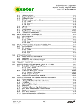 Exeter Resource Corporation
Caspiche Property, Region III, Chile
NI 43-101 Technical Report
Project No. 3083 TOC ii
12 March 2010
11.1 Caspiche Porphyry ........................................................................................................ 11-1
11.2 Caspiche Epithermals.................................................................................................... 11-4
11.3 Exploration Drilling......................................................................................................... 11-6
11.4 Drilling Procedures and Conditions............................................................................... 11-8
11.4.1 Exeter ............................................................................................................... 11-8
11.4.2 Newcrest........................................................................................................... 11-8
11.4.3 Anglo................................................................................................................. 11-8
11.5 Logging.......................................................................................................................... 11-9
11.6 Surveys.......................................................................................................................... 11-9
11.7 Drilling Results............................................................................................................. 11-10
11.8 True Thickness of Mineralization................................................................................. 11-10
11.9 Orientation of Mineralization........................................................................................ 11-10
12.0 SAMPLING METHOD AND APPROACH .................................................................................. 12-1
12.1 Surface Sampling .......................................................................................................... 12-1
12.2 Drill Sampling ................................................................................................................ 12-1
12.2.1 Exeter ............................................................................................................... 12-1
12.2.2 Newcrest........................................................................................................... 12-3
12.2.3 Anglo................................................................................................................. 12-3
13.0 SAMPLE PREPARATION, ANALYSES AND SECURITY......................................................... 13-1
13.1 Surface Samples ........................................................................................................... 13-1
13.2 Drill Samples ................................................................................................................. 13-1
13.2.1 Exeter ............................................................................................................... 13-1
13.2.2 Newcrest........................................................................................................... 13-7
13.2.3 Anglo................................................................................................................. 13-7
14.0 DATA VERIFICATION................................................................................................................ 14-1
14.1 Mineral Resource Database Audit................................................................................. 14-1
14.2 Data Quality................................................................................................................... 14-2
14.3 2006 Exeter Data Verification Program......................................................................... 14-3
15.0 ADJACENT PROPERTIES ........................................................................................................ 15-1
16.0 MINERAL PROCESSING AND METALLURGICAL TESTING.................................................. 16-1
16.1 Exeter 2008-2010 Metallurgical Testwork..................................................................... 16-1
16.1.1 Oxide Testwork................................................................................................. 16-1
16.1.2 Sulphide Testwork............................................................................................ 16-4
16.2 Exeter 2007 Metallurgical Testwork ............................................................................ 16-18
16.2.1 Caspiche Epithermals..................................................................................... 16-18
16.2.2 Caspiche Porphyry ......................................................................................... 16-18
16.3 Newcrest 1997 Metallurgical Testwork........................................................................ 16-18
17.0 MINERAL RESOURCE AND MINERAL RESERVE ESTIMATES............................................. 17-1
17.1 Drilling Database ........................................................................................................... 17-1
17.2 Lithological Model and Definition of Domains ............................................................... 17-2
17.3 Composites.................................................................................................................... 17-4
17.4 Exploratory Data Analysis ............................................................................................. 17-4
17.5 Variography ................................................................................................................... 17-5
17.6 Restriction of Extreme High Grade Values.................................................................... 17-6
17.7 Block Model Dimensions and Grade Estimation ........................................................... 17-6
17.8 Density........................................................................................................................... 17-8
17.9 Block Model Validation .................................................................................................. 17-8
17.10 Resource Classification and Tabulation........................................................................ 17-9
 