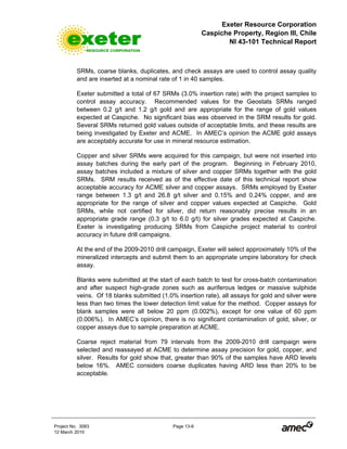 Exeter Resource Corporation
Caspiche Property, Region III, Chile
NI 43-101 Technical Report
Project No. 3083 Page 13-6
12 March 2010
SRMs, coarse blanks, duplicates, and check assays are used to control assay quality
and are inserted at a nominal rate of 1 in 40 samples.
Exeter submitted a total of 67 SRMs (3.0% insertion rate) with the project samples to
control assay accuracy. Recommended values for the Geostats SRMs ranged
between 0.2 g/t and 1.2 g/t gold and are appropriate for the range of gold values
expected at Caspiche. No significant bias was observed in the SRM results for gold.
Several SRMs returned gold values outside of acceptable limits, and these results are
being investigated by Exeter and ACME. In AMEC’s opinion the ACME gold assays
are acceptably accurate for use in mineral resource estimation.
Copper and silver SRMs were acquired for this campaign, but were not inserted into
assay batches during the early part of the program. Beginning in February 2010,
assay batches included a mixture of silver and copper SRMs together with the gold
SRMs. SRM results received as of the effective date of this technical report show
acceptable accuracy for ACME silver and copper assays. SRMs employed by Exeter
range between 1.3 g/t and 26.8 g/t silver and 0.15% and 0.24% copper, and are
appropriate for the range of silver and copper values expected at Caspiche. Gold
SRMs, while not certified for silver, did return reasonably precise results in an
appropriate grade range (0.3 g/t to 6.0 g/t) for silver grades expected at Caspiche.
Exeter is investigating producing SRMs from Caspiche project material to control
accuracy in future drill campaigns.
At the end of the 2009-2010 drill campaign, Exeter will select approximately 10% of the
mineralized intercepts and submit them to an appropriate umpire laboratory for check
assay.
Blanks were submitted at the start of each batch to test for cross-batch contamination
and after suspect high-grade zones such as auriferous ledges or massive sulphide
veins. Of 18 blanks submitted (1.0% insertion rate), all assays for gold and silver were
less than two times the lower detection limit value for the method. Copper assays for
blank samples were all below 20 ppm (0.002%), except for one value of 60 ppm
(0.006%). In AMEC’s opinion, there is no significant contamination of gold, silver, or
copper assays due to sample preparation at ACME.
Coarse reject material from 79 intervals from the 2009-2010 drill campaign were
selected and reassayed at ACME to determine assay precision for gold, copper, and
silver. Results for gold show that, greater than 90% of the samples have ARD levels
below 16%. AMEC considers coarse duplicates having ARD less than 20% to be
acceptable.
 