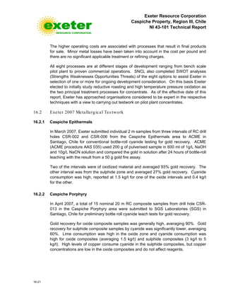 Exeter Resource Corporation
Caspiche Property, Region III, Chile
NI 43-101 Technical Report
16-21
The higher operating costs are associated with processes that result in final products
for sale. Minor metal losses have been taken into account in the cost per pound and
there are no significant applicable treatment or refining charges.
All eight processes are at different stages of development ranging from bench scale
pilot plant to proven commercial operations. SNCL also completed SWOT analyses
(Strengths Weaknesses Opportunities Threats) of the eight options to assist Exeter in
selection of one or more for ongoing development consideration. On this basis Exeter
elected to initially study reductive roasting and high temperature pressure oxidation as
the two principal treatment processes for concentrate. As of the effective date of this
report, Exeter has approached organisations considered to be expert in the respective
techniques with a view to carrying out testwork on pilot plant concentrates.
16.2 Exeter 2007 Metallurgical Tes twork
16.2.1 Caspiche Epithermals
In March 2007, Exeter submitted individual 2 m samples from three intervals of RC drill
holes CSR-002 and CSR-006 from the Caspiche Epithermals area to ACME in
Santiago, Chile for conventional bottle-roll cyanide testing for gold recovery. ACME
(ACME procedure AAS 035) used 200 g of pulverised sample in 600 ml of 1g/L NaOH
and 10g/L NaCN solution and compared the gold in solution after 24 hours of bottle-roll
leaching with the result from a 50 g gold fire assay.
Two of the intervals were of oxidized material and averaged 93% gold recovery. The
other interval was from the sulphide zone and averaged 27% gold recovery. Cyanide
consumption was high, reported at 1.5 kg/t for one of the oxide intervals and 0.4 kg/t
for the other.
16.2.2 Caspiche Porphyry
In April 2007, a total of 15 nominal 20 m RC composite samples from drill hole CSR-
013 in the Caspiche Porphyry area were submitted to SGS Laboratories (SGS) in
Santiago, Chile for preliminary bottle roll cyanide leach tests for gold recovery.
Gold recovery for oxide composite samples was generally high, averaging 90%. Gold
recovery for sulphide composite samples by cyanide was significantly lower, averaging
60%. Lime consumption was high in the oxide zone and cyanide consumption was
high for oxide composites (averaging 1.5 kg/t) and sulphide composites (3 kg/t to 5
kg/t). High levels of copper consume cyanide in the sulphide composites, but copper
concentrations are low in the oxide composites and do not affect reagents.
 