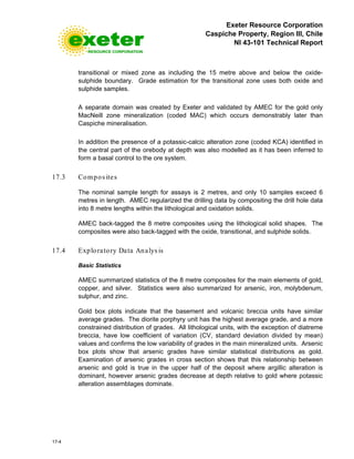 Exeter Resource Corporation
Caspiche Property, Region III, Chile
NI 43-101 Technical Report
17-4
transitional or mixed zone as including the 15 metre above and below the oxide-
sulphide boundary. Grade estimation for the transitional zone uses both oxide and
sulphide samples.
A separate domain was created by Exeter and validated by AMEC for the gold only
MacNeill zone mineralization (coded MAC) which occurs demonstrably later than
Caspiche mineralisation.
In addition the presence of a potassic-calcic alteration zone (coded KCA) identified in
the central part of the orebody at depth was also modelled as it has been inferred to
form a basal control to the ore system.
17.3 Compos ites
The nominal sample length for assays is 2 metres, and only 10 samples exceed 6
metres in length. AMEC regularized the drilling data by compositing the drill hole data
into 8 metre lengths within the lithological and oxidation solids.
AMEC back-tagged the 8 metre composites using the lithological solid shapes. The
composites were also back-tagged with the oxide, transitional, and sulphide solids.
17.4 Exploratory Data Analys is
Basic Statistics
AMEC summarized statistics of the 8 metre composites for the main elements of gold,
copper, and silver. Statistics were also summarized for arsenic, iron, molybdenum,
sulphur, and zinc.
Gold box plots indicate that the basement and volcanic breccia units have similar
average grades. The diorite porphyry unit has the highest average grade, and a more
constrained distribution of grades. All lithological units, with the exception of diatreme
breccia, have low coefficient of variation (CV, standard deviation divided by mean)
values and confirms the low variability of grades in the main mineralized units. Arsenic
box plots show that arsenic grades have similar statistical distributions as gold.
Examination of arsenic grades in cross section shows that this relationship between
arsenic and gold is true in the upper half of the deposit where argillic alteration is
dominant, however arsenic grades decrease at depth relative to gold where potassic
alteration assemblages dominate.
 