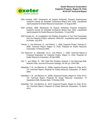 Exeter Resource Corporation
Caspiche Property, Region III, Chile
NI 43-101 Technical Report
22-2
SGA Limitada, 2007, Declaración de Impacto Ambiental, Proyecto Exploraciones
Caspiche Central de Sociedad Contractual Minera Eton Chile, unpublished
report prepared for Exeter Resource Corporation, 31 August 2007.
SGA Limitada, 2008, Declaración de Impacto Ambiental, Proyecto Ampliacion
Caspiche Central de Sociedad Contractual Minera Eton Chile, unpublished
report prepared for Exeter Resource Corporation, 12 July 2008.
SGS Canada Inc., An Investigation into Flotation Evaluation of Two Test Composites
from the Caspiche Project, reference 12403-001, unpublished report prepared
for Exeter, July 2010.
Tolman, J., Van Kerkvoort, G., and Perkins, J., 2008, Caspiche Project, February 9,
2009, Technical Report, Region III, Chile, Prepared for Exeter Resource
Corporation, 9 February 2009.
Van Kerkvoort, G., Delendatti, G.L.A., and Perkins, J., 2008, Technical Report &
Proposed Exploration for Caspiche Project, Region III, Chile, Prepared for
Exeter Resource Corporation, 26 April 2008.
Vila, T., and Sillitoe, R., 1991 Gold Rich Porphyry Systems in the Maricunga Belt,
Northern Chile, Journal of Economic Geology, Vol. 86, pp. 1238-1260.
Wakefield, T. W., and Marinho, R., 2009a, Caspiche Property, Region III, Chile, NI 43-
101 Technical Report, Prepared for Exeter Resource Corporation, 27 March
2009.
Wakefield, T. W., and Marinho, R., 2009b, Caspiche Property, Region III, Chile, NI 43-
101 Technical Report, Prepared for Exeter Resource Corporation, 14
September 2009, Revised Date: 19 October 2009.
Wakefield, T.W., and Marinho, R., 2010, Caspiche Property, Region III, Chile, NI 43-
101 Technical Report, Prepared for Exeter Resource Corporation, 12 March
2010.
 