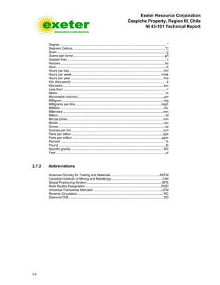 Exeter Resource Corporation
Caspiche Property, Region III, Chile
NI 43-101 Technical Report
2-4
Degree ...................................................................................................................... °
Degrees Celsius......................................................................................................°C
Gram.........................................................................................................................g
Grams per tonne.....................................................................................................g/t
Greater than............................................................................................................. >
Hectare ...................................................................................................................ha
Hour ..........................................................................................................................h
Hours per day ........................................................................................................h/d
Hours per week................................................................................................... h/wk
Hours per year .......................................................................................................h/a
Kilo (thousand)..........................................................................................................k
Kilometre................................................................................................................km
Less than ................................................................................................................. <
Metre........................................................................................................................m
Micrometre (micron)...............................................................................................µm
Milligram ................................................................................................................mg
Milligrams per litre...............................................................................................mg/L
Millilitre...................................................................................................................mL
Millimetre ..............................................................................................................mm
Million.......................................................................................................................M
Minute (time).........................................................................................................min
Month.....................................................................................................................mo
Ounce .....................................................................................................................oz
Ounces per ton .....................................................................................................oz/t
Parts per billion .....................................................................................................ppb
Parts per million ...................................................................................................ppm
Percent ................................................................................................................... %
Pound ......................................................................................................................lb
Specific gravity...................................................................................................... SG
Year .........................................................................................................................yr
2.7.2 Abbreviations
American Society for Testing and Materials......................................................ASTM
Canadian Institute of Mining and Metallurgy ........................................................CIM
Global Positioning System ..................................................................................GPS
Rock Quality Designation....................................................................................RQD
Universal Transverse Mercator...........................................................................UTM
Reverse Circulation............................................................................................... RC
Diamond Drill ........................................................................................................ DD
 