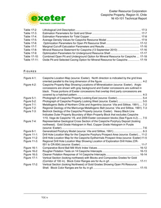 Exeter Resource Corporation
Caspiche Property, Region III, Chile
NI 43-101 Technical Report
TOC iv
Table 17-2: Lithological Unit Description .......................................................................................... 17-3
Table 17-3: Estimation Parameters for Gold and Silver ................................................................... 17-7
Table 17-4: Estimation Parameters for Total Copper....................................................................... 17-8
Table 17-5: Average Density Values for Caspiche Resource Model ............................................... 17-9
Table 17-6: Optimization Parameters for Open Pit Resource Shell.............................................. 17-12
Table 17-7: Marginal Cut-off Calculation Parameters and Results ................................................ 17-16
Table 17-8: Mineral Resource Statement for Caspiche (13 September 2010) .............................. 17-16
Table 17-9: Optimization Parameters for Underground Resource Shell........................................ 17-17
Table 17-10: Combined Open Pit and Underground Option for Mineral Resource for Caspiche .... 17-18
Table 17-11: Oxide Pit and Selected Caving Option for Mineral Resource for Caspiche................ 17-19
F I G U R E S
Figure 4-1: Caspiche Location Map (source: Exeter). North direction is indicated by the grid lines
oriented parallel to the long dimension of the figure. ...................................................... 4-2
Figure 4-2: Caspiche Property Map Showing Locations of Mineralization (source: Exeter). Anglo
concessions are shown with gray background and Exeter concessions are outlined in
black. Those portions of Exeter concessions that overlap third party concessions are
covered by a hatched pattern.......................................................................................... 4-3
Figure 5-1: Photograph of Caspiche Property Looking East (source: Exeter)................................... 5-4
Figure 5-2: Photograph of Caspiche Property Looking West (source: Exeter) ................................. 5-5
Figure 7-1: Metallogenic Belts of Northern Chile and Argentina (source: Vila and Sillitoe, 1991) .... 7-2
Figure 7-2: Regional Geology of the Maricunga Metallogenic Belt (source: Vila and Sillitoe, 1991) 7-3
Figure 7-3: Bedrock Geology of the Caspiche Property (source: Exeter). Heavy Black Line
Indicates Outer Property Boundary of Main Property Block that excludes Caspiche
1/10, Vega de Caspiche 1/9, and 2009 Exeter concession blocks (See Figure 4-2)...... 7-5
Figure 7-4: Representative Geological Cross Section of the Caspiche Porphyry Deposit (looking
northwest). Gold Grade Histogram in Red, Copper Grade Histogram in Purple
(source: Exeter)............................................................................................................... 7-6
Figure 8-1: Generalized Porphyry Model (source: Vila and Sillitoe, 1991)........................................ 8-3
Figure 11-1: Drill Hole Location Map for the Caspiche Porphyry Prospect Area (source: Exeter).... 11-2
Figure 11-2: Drill Hole Location Map for the Caspiche Epithermals Prospect Area (source: Exeter)11-5
Figure 11-3: Regional Drill Hole Location Map Showing Location of Exploration Drill Holes (CR-
001 to CR-004) (source: Exeter) ................................................................................... 11-7
Figure 16-1: Comparative Bond Ball Mill Work Index Values.......................................................... 16-12
Figure 16-2: Rougher Flotation Tests on 14 Caspiche Intercepts................................................... 16-13
Figure 16-3: Cleaner Flotation Response of 14 Caspiche Intercepts.............................................. 16-14
Figure 17-1: Vertical Section (looking northwest) with Blocks and Composites Grades for Gold
(Corridor of 100 m). Block Color Ranges are for Au in g/t. ........................................ 17-11
Figure 17-2: Vertical Section (looking Northwest) of Gold Grades Showing Open Pit Resource
Shell. Block Color Ranges are for Au in g/t................................................................ 17-15
 