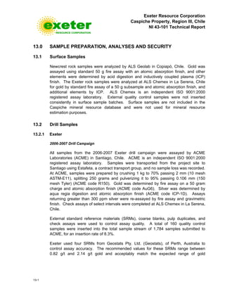 Exeter Resource Corporation
Caspiche Property, Region III, Chile
NI 43-101 Technical Report
13-1
13.0 SAMPLE PREPARATION, ANALYSES AND SECURITY
13.1 Surface Samples
Newcrest rock samples were analyzed by ALS Geolab in Copiapó, Chile. Gold was
assayed using standard 50 g fire assay with an atomic absorption finish, and other
elements were determined by acid digestion and inductively coupled plasma (ICP)
finish. The Exeter rock samples were analyzed at ALS Chemex in La Serena, Chile
for gold by standard fire assay of a 50 g subsample and atomic absorption finish, and
additional elements by ICP. ALS Chemex is an independent ISO 9001:2000
registered assay laboratory. External quality control samples were not inserted
consistently in surface sample batches. Surface samples are not included in the
Caspiche mineral resource database and were not used for mineral resource
estimation purposes.
13.2 Drill Samples
13.2.1 Exeter
2006-2007 Drill Campaign
All samples from the 2006-2007 Exeter drill campaign were assayed by ACME
Laboratories (ACME) in Santiago, Chile. ACME is an independent ISO 9001:2000
registered assay laboratory. Samples were transported from the project site to
Santiago using Estafeta, a contract transport group, and no sample loss was recorded.
At ACME, samples were prepared by crushing 1 kg to 70% passing 2 mm (10 mesh
ASTM-E11), splitting 250 grams and pulverizing it to 95% passing 0.106 mm (150
mesh Tyler) (ACME code R150). Gold was determined by fire assay on a 50 gram
charge and atomic absorption finish (ACME code AuG6). Silver was determined by
aqua regia digestion and atomic absorption finish (ACME code ICP-1D). Assays
returning greater than 300 ppm silver were re-assayed by fire assay and gravimetric
finish. Check assays of select intervals were completed at ALS Chemex in La Serena,
Chile.
External standard reference materials (SRMs), coarse blanks, pulp duplicates, and
check assays were used to control assay quality. A total of 160 quality control
samples were inserted into the total sample stream of 1,784 samples submitted to
ACME, for an insertion rate of 8.3%.
Exeter used four SRMs from Geostats Pty. Ltd. (Geostats), of Perth, Australia to
control assay accuracy. The recommended values for these SRMs range between
0.82 g/t and 2.14 g/t gold and acceptably match the expected range of gold
 