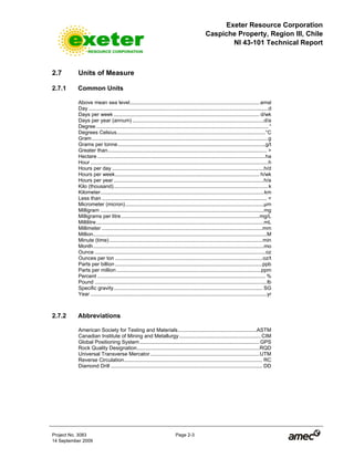 Exeter Resource Corporation
Caspiche Property, Region III, Chile
NI 43-101 Technical Report
Project No. 3083 Page 2-3
14 September 2009
2.7 Units of Measure
2.7.1 Common Units
Above mean sea level.........................................................................................amsl
Day ...........................................................................................................................d
Days per week .................................................................................................... d/wk
Days per year (annum) ..........................................................................................d/a
Degree ...................................................................................................................... °
Degrees Celsius......................................................................................................°C
Gram.........................................................................................................................g
Grams per tonne.....................................................................................................g/t
Greater than............................................................................................................. >
Hectare ...................................................................................................................ha
Hour ..........................................................................................................................h
Hours per day ........................................................................................................h/d
Hours per week................................................................................................... h/wk
Hours per year .......................................................................................................h/a
Kilo (thousand)..........................................................................................................k
Kilometer................................................................................................................km
Less than ................................................................................................................. <
Micrometer (micron)...............................................................................................µm
Milligram ................................................................................................................mg
Milligrams per litre...............................................................................................mg/L
Millilitre...................................................................................................................mL
Millimeter ..............................................................................................................mm
Million.......................................................................................................................M
Minute (time).........................................................................................................min
Month.....................................................................................................................mo
Ounce .....................................................................................................................oz
Ounces per ton .....................................................................................................oz/t
Parts per billion .....................................................................................................ppb
Parts per million ...................................................................................................ppm
Percent ................................................................................................................... %
Pound ......................................................................................................................lb
Specific gravity...................................................................................................... SG
Year .........................................................................................................................yr
2.7.2 Abbreviations
American Society for Testing and Materials......................................................ASTM
Canadian Institute of Mining and Metallurgy ........................................................CIM
Global Positioning System ..................................................................................GPS
Rock Quality Designation....................................................................................RQD
Universal Transverse Mercator...........................................................................UTM
Reverse Circulation............................................................................................... RC
Diamond Drill ........................................................................................................ DD
 