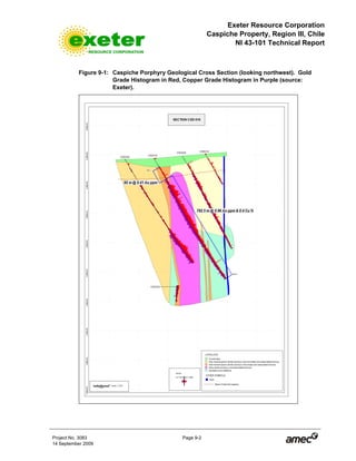 Exeter Resource Corporation
Caspiche Property, Region III, Chile
NI 43-101 Technical Report
Project No. 3083 Page 9-2
14 September 2009
Figure 9-1: Caspiche Porphyry Geological Cross Section (looking northwest). Gold
Grade Histogram in Red, Copper Grade Histogram in Purple (source:
Exeter).
 