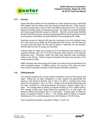 Exeter Resource Corporation
Caspiche Property, Region III, Chile
NI 43-101 Technical Report
Project No. 3083 Page 11-8
14 September 2009
11.5 Surveys
Exeter drill-collar locations are first estimated by Exeter personnel using a hand-held
GPS together with the distance from the nearest surveyed drill hole. Collar locations
are then surveyed with a Leyca TC 600 Total Station instrument by Mr. Luis Jorquera
Galaz from Copiapó Chile, a professional surveyor. Mr. Galaz has surveyed all Exeter
drill holes through CSD-038, except for CSD-037. CSD-037 and drill holes CSD-039
through CSD-042 have been surveyed by hand-held GPS by Exeter personnel and will
be surveyed by Total Station during the 2009-2010 drill campaign by Mr. Galaz.
Downhole surveys for diamond drill holes are conducted by the drill contractor every
50 m down-hole using a Reflex EZ Shot digital down-hole camera. RC drill holes are
surveyed down-hole within the drill steel by Exeter to determine the dip deviation.
Azimuth data from the RC surveys are discarded.
In March 2009, Mr. Galaz also surveyed all 15 of the Newcrest collar locations in the
Caspiche Porphyry area, and 17 of the 22 Newcrest collar locations in the Caspiche
Epithermals area. Previously, Exeter had relied upon Newcrest collar coordinates
written on the drill log. These surveyed coordinates will improve the accuracy of the
mineral resource model.
AMEC reviewed down-hole surveys from Exeter core holes and found deviations to be
within acceptable ranges. In AMEC’s opinion, the accuracy of the collar and down-
hole surveys is adequate to support mineral resource estimation procedures.
11.6 Drilling Results
The Caspiche property has not been drilled consistently in terms of drill spacing and
depth. Drilling has not been completed on a grid; however the approximate drill
spacing in the Caspiche Porphyry area is 200 m by 200 m, including some areas
where the drill spacing is 100 m by 100 m. Drilling in the Caspiche Epithermals area
has been conducted on north-south-oriented drill sections, spaced roughly 200 m
apart. The average depth of drilling at Caspiche Porphyry is 413 m below surface.
This average includes early Anglo drilling that averaged 84 m in total depth, and
Newcrest drilling that averaged 229 m in total depth. Average depth of drilling by
Exeter at Caspiche Porphyry is 683 m. The average depth of drilling at Caspiche
Epithermals is 213 m; and the deepest hole on the Property is 1412.75 m long.
A list of significant intercepts is provided in Tables 11-3 and 11-4.
 