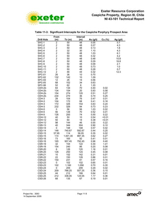 Exeter Resource Corporation
Caspiche Property, Region III, Chile
NI 43-101 Technical Report
Project No. 3083 Page 11-9
14 September 2009
Table 11-3: Significant Intercepts for the Caspiche Porphyry Prospect Area
Drill Hole
From
(m) To (m)
Interval
(m) Au (g/t) Cu (%) Ag (g/t)
SHC-1 2 50 48 0.05 0.7
SHC-2 2 50 48 0.27 4.3
SHC-3 2 50 48 0.13 1.8
SHC-4 2 32 30 1.10 4.3
SHC-5 2 50 48 1.03 6.1
SHC-6 2 50 48 0.32 4.2
SHC-7 2 50 48 0.48 10.8
SHC-8 2 50 48 0.29 16.8
SHC-9 2 50 48 0.09 2.1
SHC-10 2 50 48 0.73 1.0
SHC-11 2 50 48 0.28 0.7
SHC-12 2 46 44 0.32 12.3
SPC-01 26 36 10 0.70
SPC-02 132 142 10 1.09
SPC-04 12 26 14 0.56
SPC-05 68 102 34 0.63
SPC-06 52 62 8 1.20
CDH-2b 64 134 70 0.40 0.02
CDH-2b 134 154 20 0.93 0.58
CDH-2b 154 274 120 0.51 0.27
CDH-2b 234 270 36 0.74 0.25
CDH-3 28 104 76 0.47 0.01
CDH-3 104 172 68 0.41 0.18
CDH-3 172 326 154 0.63 0.24
CDH-3 232 326 94 0.73 0.23
CDH-5 0 56 56 1.03 0.02
CDH-5 56 126 70 0.52 0.01
CDH-5 126 200 74 0.50 0.22
CDH-12 40 50 10 0.54 <0.01
CDH-12 50 64 14 0.38 <0.01
CDH-12 98 144 46 0.55 0.22
CSR-13 40 344 304 0.90 0.10
CSD-14 0 148 148 0.57 0.02
CSD-14 148 740.67 592.67 0.44 0.25
CSD-15 57.95 114 56.05 0.35 0.02
CSD-15 114 1,001.35 887.35 0.62 0.27
CSD-16 73 165 92 0.41 0.01
CSD-16 165 957.45 792.45 0.96 0.40
CSR-19 32 154 122 0.30 <.01
CSR-19 154 240 86 0.20 0.08
CSR-20 6 126 120 1.16 0.01
CSR-20 126 250 124 0.45 0.08
CSR-21 10 152 142 0.31 0.01
CSR-22 22 150 128 0.86 0.01
CSR-22 150 231 81 0.57 0.16
CSD-23 0 102 102 0.65 0.01
CSD-23 102 1,160 1,058 0.70 0.35
CSD-24 0 209 209 0.29 0.02
CSD-24 209 766.25 557.25 0.36 0.15
CSD-25 44 212 168 0.64 0.01
CSD-25 212 336.05 124.05 1.17 0.36
CSD-26 68 135 67 0.19 0.01
 