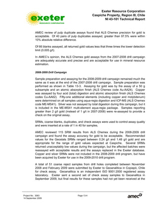 Exeter Resource Corporation
Caspiche Property, Region III, Chile
NI 43-101 Technical Report
Project No. 3083 Page 13-4
14 September 2009
AMEC review of pulp duplicate assays found that ALS Chemex precision for gold is
acceptable. Of 40 pairs of pulp duplicates assayed, greater than 97.5% were within
10% absolute relative difference.
Of 66 blanks assayed, all returned gold values less that three times the lower detection
limit (0.005 g/t).
In AMEC’s opinion, the ALS Chemex gold assays from the 2007-2008 drill campaign
are adequately accurate and precise and are acceptable for use in mineral resource
estimation.
2008-2009 Drill Campaign
Sample preparation and assaying for the 2008-2009 drill campaign remained much the
same as it was at the end of the 2007-2008 drill campaign. Sample preparation was
performed as shown in Table 13-3. Assaying for gold was by fire assay of a 50 g
subsample and an atomic absorption finish (ALS Chemex code Au-AA24). Copper
was assayed by four acid (total) digestion and atomic absorption finish (ALS Chemex
codes Cu-AA62). Fifty-one additional elements (including copper and molybdenum)
were determined on all samples using aqua-regia digestion and ICP-MS (ALS Chemex
code ME-MS41). Silver was not assayed by total digestion during this campaign, but it
is included in the ME-MS41 multi-element aqua-regia package. Samples reporting
greater than 2 g/t gold (instead of 1 g/t in 2007-2008) were re-assayed to provide a
check on the original assay.
SRMs, coarse blanks, duplicates, and check assays were used to control assay quality
and were inserted at a rate of 1 in 40 for samples.
AMEC reviewed 115 SRM results from ALS Chemex during the 2008-2009 drill
campaign and found the assay accuracy for gold to be acceptable. Recommended
values for the Geostats SRMs ranged between 0.24 g/t and 1.48 g/t gold and are
appropriate for the range of gold values expected at Caspiche. Several SRMs
returned unacceptably low values during the campaign, but the affected batches were
reassayed with acceptable results and the assays replaced in the Exeter database.
Copper and silver SRMs were not included in the 2008-2009 drill program, but have
been acquired by Exeter for use in the 2009-2010 drill program.
A total of 51 coarse reject samples from drill holes completed between November
2008 and February 2009 were submitted by Exeter to Geoanalitica in Copiapó, Chile
for check assay. Geoanalitica is an independent ISO 9001:2000 registered assay
laboratory. Exeter sent a second set of check assay samples to Geoanalitca in
September 2009, but final results for these samples had not yet been received at the
 