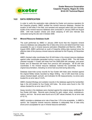 Exeter Resource Corporation
Caspiche Property, Region III, Chile
NI 43-101 Technical Report
Project No. 3083 Page 14-1
14 September 2009
14.0 DATA VERIFICATION
In order to verify the exploration data collected by Exeter and previous operators for
the Caspiche property, AMEC audited the mineral resource database, checked the
location of drill holes in the field, and sampled and assayed select drill core intervals.
Audits of the mineral resource database were conducted in January 2009 and August
2009. Drill hole location checks and check assaying of drill core intervals was
conducted during the site visit in October 2008.
14.1 Mineral Resource Database Audit
The audit performed by AMEC in January 2009 found that the Caspiche mineral
resource database was adequately free of data entry errors and determined that it was
acceptable for use in mineral resource estimation (Wakefield and Marinho, 2009). In
August 2009, AMEC performed an audit of Caspiche drilling data received since the
effective date of the previous mineral resource estimate for the Property, 22 December
2008.
AMEC checked collar coordinates from 50 drill holes in the mineral resource database
against collar coordinates generated during a survey in March 2009. The drill holes
checked included 11 Exeter drill holes from the 2008-2009 drill campaign, and seven
Exeter and 32 Newcrest drill holes from previous drill campaigns. All 50 drill hole
coordinates in the mineral resource database matched the coordinates from the
original documentation, indicating no errors had occurred during data entry.
Database down-hole survey records for four Exeter drill holes were checked against
the original Reflex tickets recorded by Major Drilling. Out of 264 down-hole survey
values checked (depth, azimuth, and inclination for 88 measurements), no errors were
located for an error rate of <0.4%.
AMEC checked lithology and oxidation records in the database against the handwritten
logs in the drill binders for four Exeter drill holes. No errors were found in the 150
values checked for an error rate of <0.7%.
Assay records in the database were checked against the original assay certificates for
four Exeter drill holes. Records were checked for gold, copper, silver, molybdenum,
sulphur, and iron. No errors were found out of 2,367 values checked, for an error rate
of <0.1%.
AMEC considers a database error rate of less than 1.0% to be acceptable. In AMEC’s
opinion, the Caspiche mineral resource database is adequately free of data entry
errors and is acceptable for use in mineral resource estimation.
 