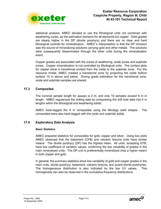 Exeter Resource Corporation
Caspiche Property, Region III, Chile
NI 43-101 Technical Report
Project No. 3083 Page 17-4
14 September 2009
statistical analysis, AMEC decided to use the lithological units not combined with
weathering zones, as the estimation domains for all elements but copper. Gold grades
are clearly higher in the DP (diorite porphyry) and there are no clear and hard
lithological controls for mineralization. AMEC´s interpretation is that the DP intrusion
was the source of mineralizing solutions carrying gold and other metals. The solutions
were subsequently disseminated through the other units during the mineralization
event.
Copper grades are associated with the zones of weathering, oxide zones and sulphide
zones. Copper mineralization is not controlled by lithological units. The contact plots
for copper show a transitional contact from the oxide to the sulphide zone. For the
resource model, AMEC created a transitional zone by projecting the oxide bottom
surface 15 m above and below. During grade estimation for the transitional zone,
oxide and sulphide samples are shared.
17.3 Composites
The nominal sample length for assays is 2 m, and only 10 samples exceed 6 m in
length. AMEC regularized the drilling data by compositing the drill hole data into 6 m
lengths within the lithological and weathering solids.
AMEC back-tagged the 6 m composites using the lithology solid shapes. The
composites were also back-tagged with the oxide and sulphide solids.
17.4 Exploratory Data Analysis
Basic Statistics
AMEC prepared statistics for composites for gold, copper and silver. Using box plots
AMEC observed that the basement (CFB) and volcanic breccia units have similar
means. The diorite porphyry (DP) has the highest mean. All units, excepting DTB,
have low coefficient of variation values, confirming the low variability of grades in the
main mineralized units. The DP unit is preferentially mineralized (has a higher mean)
in both copper and gold.
In general, the summary statistics show low variability of gold and copper grades in the
main units, diorite porphyry, basement, volcanic breccia, and quartz-diorite porphyries.
The homogeneous distribution is also indicated by the low CV values. This
homogeneity can also be observed in the cumulative frequency distributions.
 