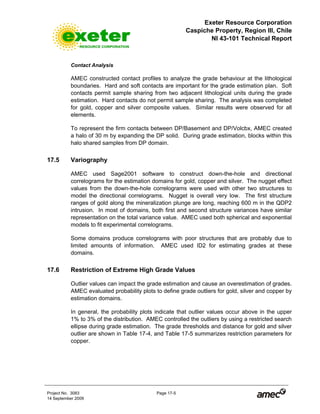 Exeter Resource Corporation
Caspiche Property, Region III, Chile
NI 43-101 Technical Report
Project No. 3083 Page 17-5
14 September 2009
Contact Analysis
AMEC constructed contact profiles to analyze the grade behaviour at the lithological
boundaries. Hard and soft contacts are important for the grade estimation plan. Soft
contacts permit sample sharing from two adjacent lithological units during the grade
estimation. Hard contacts do not permit sample sharing. The analysis was completed
for gold, copper and silver composite values. Similar results were observed for all
elements.
To represent the firm contacts between DP/Basement and DP/Volcbx, AMEC created
a halo of 30 m by expanding the DP solid. During grade estimation, blocks within this
halo shared samples from DP domain.
17.5 Variography
AMEC used Sage2001 software to construct down-the-hole and directional
correlograms for the estimation domains for gold, copper and silver. The nugget effect
values from the down-the-hole correlograms were used with other two structures to
model the directional correlograms. Nugget is overall very low. The first structure
ranges of gold along the mineralization plunge are long, reaching 600 m in the QDP2
intrusion. In most of domains, both first and second structure variances have similar
representation on the total variance value. AMEC used both spherical and exponential
models to fit experimental correlograms.
Some domains produce correlograms with poor structures that are probably due to
limited amounts of information. AMEC used ID2 for estimating grades at these
domains.
17.6 Restriction of Extreme High Grade Values
Outlier values can impact the grade estimation and cause an overestimation of grades.
AMEC evaluated probability plots to define grade outliers for gold, silver and copper by
estimation domains.
In general, the probability plots indicate that outlier values occur above in the upper
1% to 3% of the distribution. AMEC controlled the outliers by using a restricted search
ellipse during grade estimation. The grade thresholds and distance for gold and silver
outlier are shown in Table 17-4, and Table 17-5 summarizes restriction parameters for
copper.
 