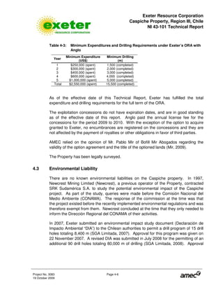 Exeter Resource Corporation
Caspiche Property, Region III, Chile
NI 43-101 Technical Report
Project No. 3083 Page 4-6
19 October 2009
Table 4-3: Minimum Expenditures and Drilling Requirements under Exeter’s ORA with
Anglo
Year
Minimum Expenditure
(US$)
Minimum Drilling
(m)
1 $250,000 (spent) 1,500 (completed)
2 $300,000 (spent) 2,000 (completed)
3 $400,000 (spent) 3,000 (completed)
4 $600,000 (spent) 4,000 (completed)
5 $1,000,000 (spent) 5,000 (completed)
Total $2,550,000 (spent) 15,500 (completed)
As of the effective date of this Technical Report, Exeter has fulfilled the total
expenditure and drilling requirements for the full term of the ORA.
The exploitation concessions do not have expiration dates, and are in good standing
as of the effective date of this report. Anglo paid the annual license fee for the
concessions for the period 2009 to 2010. With the exception of the option to acquire
granted to Exeter, no encumbrances are registered on the concessions and they are
not affected by the payment of royalties or other obligations in favor of third parties.
AMEC relied on the opinion of Mr. Pablo Mir of Bofill Mir Abogados regarding the
validity of the option agreement and the title of the optioned lands (Mir, 2009).
The Property has been legally surveyed.
4.3 Environmental Liability
There are no known environmental liabilities on the Caspiche property. In 1997,
Newcrest Mining Limited (Newcrest), a previous operator of the Property, contracted
SRK Sudamérica S.A. to study the potential environmental impact of the Caspiche
project. As part of the study, queries were made before the Comisión Nacional del
Medio Ambiente (CONAMA). The response of the commission at the time was that
the project existed before the recently implemented environmental regulations and was
therefore exempt from them. Newcrest concluded at the time that they only needed to
inform the Dirección Regional del CONAMA of their activities.
In 2007, Exeter submitted an environmental impact study document (Declaración de
Impacto Ambiental “DIA”) to the Chilean authorities to permit a drill program of 15 drill
holes totaling 8,400 m (SGA Limitada, 2007). Approval for this program was given on
22 November 2007. A revised DIA was submitted in July 2008 for the permitting of an
additional 90 drill holes totaling 80,000 m of drilling (SGA Limitada, 2008). Approval
 
