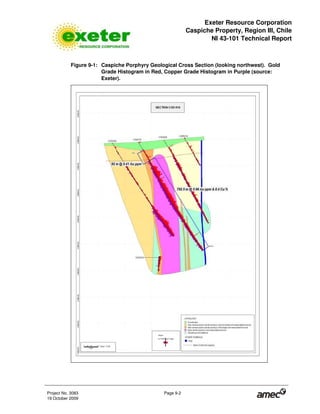 Exeter Resource Corporation
Caspiche Property, Region III, Chile
NI 43-101 Technical Report
Project No. 3083 Page 9-2
19 October 2009
Figure 9-1: Caspiche Porphyry Geological Cross Section (looking northwest). Gold
Grade Histogram in Red, Copper Grade Histogram in Purple (source:
Exeter).
 