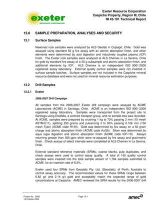 Exeter Resource Corporation
Caspiche Property, Region III, Chile
NI 43-101 Technical Report
Project No. 3083 Page 13-1
19 October 2009
13.0 SAMPLE PREPARATION, ANALYSES AND SECURITY
13.1 Surface Samples
Newcrest rock samples were analyzed by ALS Geolab in Copiapó, Chile. Gold was
assayed using standard 50 g fire assay with an atomic absorption finish, and other
elements were determined by acid digestion and inductively coupled plasma (ICP)
finish. The Exeter rock samples were analyzed at ALS Chemex in La Serena, Chile
for gold by standard fire assay of a 50 g subsample and atomic absorption finish, and
additional elements by ICP. ALS Chemex is an independent ISO 9001:2000
registered assay laboratory. External quality control samples were not inserted in
surface sample batches. Surface samples are not included in the Caspiche mineral
resource database and were not used for mineral resource estimation purposes.
13.2 Drill Samples
13.2.1 Exeter
2006-2007 Drill Campaign
All samples from the 2006-2007 Exeter drill campaign were assayed by ACME
Laboratories (ACME) in Santiago, Chile. ACME is an independent ISO 9001:2000
registered assay laboratory. Samples were transported from the project site to
Santiago using Estafeta, a contract transport group, and no sample loss was recorded.
At ACME, samples were prepared by crushing 1 kg to 70% passing 2 mm (10 mesh
ASTM-E11), splitting 250 grams and pulverizing it to 95% passing 0.106 mm (150
mesh Tyler) (ACME code R150). Gold was determined by fire assay on a 50 gram
charge and atomic absorption finish (ACME code AuG6). Silver was determined by
aqua regia digestion and atomic absorption finish (ACME code ICP-1D). Assays
returning greater than 300 ppm silver were re-assayed by fire assay and gravimetric
finish. Check assays of select intervals were completed at ALS Chemex in La Serena,
Chile.
External standard reference materials (SRMs), coarse blanks, pulp duplicates, and
check assays were used to control assay quality. A total of 160 quality control
samples were inserted into the total sample stream of 1,784 samples submitted to
ACME, for an insertion rate of 8.3%.
Exeter used four SRMs from Geostats Pty. Ltd. (Geostats), of Perth, Australia to
control assay accuracy. The recommended values for these SRMs range between
0.82 g/t and 2.14 g/t gold and acceptably match the expected range of gold
concentrations at Caspiche. AMEC reviewed the SRM results for the 2006-2007 drill
 