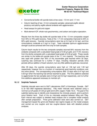 Exeter Resource Corporation
Caspiche Property, Region III, Chile
NI 43-101 Technical Report
Project No. 3083 Page 16-2
19 October 2009
• Conventional bottle-roll cyanide tests at two sizes: -13 mm and -1.7 mm
• Column leaching of two -13 mm composite samples: advanced-argillic altered
porphyry and patchy argillic-altered andesite with agglomeration
• Head assays for gold and copper
• Multi-element ICP, whole-rock geochemistry, and carbon and sulphur speciation.
Results from the three day bottle-roll cyanide tests of the -13 mm composites ranged
from 55% to 75% gold recovery. Tests of the -1.7 mm composites improved to 63% to
83% gold recovery. Cyanide consumptions were low at 0.2 kg/t to 0.4 kg/t, and lime
consumptions moderate at 3 kg/t to 5 kg/t. Tests indicated optimum agglomeration
strength could be achieved with lime only for both samples.
Column leach results for the two composite samples returned 84% recovery from the
andesite composite with a calculated head grade of 0.50 g/t gold, and 77.5% recovery
from the diorite composite with a calculated head grade of 0.40 g/t gold. These results
are similar to the bottle-roll cyanide tests of the 1.7 mm material. The leaching rate
was rapid with greater than 95% of the recoverable gold leached within 20 days.
Leaching was continued for a further 77 days, including relaxation periods (time
periods without addition of leach solution), but very little additional gold was recovered.
After 95 days, the cyanide consumptions were high at 1.56 kg/t and 1.93 kg/t
respectively; however this is a function of maintaining good leaching conditions over
the entire period. The corresponding consumptions after 13 days were 0.47 kg/t and
0.50 kg/t when the leaching had almost reached its peak. The lime additions selected
to agglomerate the two samples were 3.9 kg/t and 5.9 kg/t respectively, and no further
lime additions appeared necessary to maintain pH.
16.1.2 Sulphide Testwork
Sulphide intervals were sent to G&T Laboratories (G&T) of Kamloops, Canada. G&T
is an ISO 9001-registered laboratory. Fifty meter intervals were selected using a
nominal cut-off grade of 0.35 g/t gold and 0.20% copper (Table 16-2). The goal of the
sulphide testing was to identify and characterize the minerals present, and to perform
scout flotation work. Each of the six intercepts weighed between 60kg and 75kg.
Each interval was subject to detailed head analysis and a complete modal analysis
after sample preparation. Three grind calibration tests were also carried out. G&T
management based the grind and flotation test regime largely on the modal analysis
and carried out one rougher and two rougher-cleaner tests with detailed product
analyses.
 