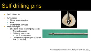  Self drilling pin
 Advantages
 Single stage insertion
 Fast
 OK for short term use
 Disadvantages
 Short drill flutes resulting in possible
▪ Thermal necrosis
▪ Stripping near cortex
▪ Loss of radial pre-load
▪ Decreased torque to pull out over
time (loosening)
Principles of External Fixation. Kemper. OTA. Oct. 2014
 