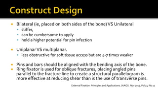  Bilateral (ie, placed on both sides of the bone)VS Unilateral
 stiffer,
 can be cumbersome to apply
 hold a higher potential for pin infection
 UniplanarVS multiplanar.
 less obstructive for soft tissue access but are 4-7 times weaker
 Pins and bars should be aligned with the bending axis of the bone.
 Ring fixator is used for oblique fractures, placing angled pins
parallel to the fracture line to create a structural parallelogram is
more effective at reducing shear than is the use of transverse pins.
External Fixation: Principles and Applications. JAAOS. Nov 2015,Vol 23, No 11
 