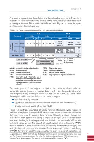 Chapter 1
One way of appreciating the efficiency of broadband access technologies is to
illustrate, for each architecture, the product of the bandwidth’s speed and the reach
of the signal it carries. This is measured in Mb/s x km. Figure 1.4 shows the speed
at which current technologies run.
Table 1.2 – Development of broadband access transport technologies
The development of the singlemode optical fiber, with its almost unlimited
bandwidth, opened the door to massive deployment of long-haul and metropolitan
point-to-point (P2P)1
fiber-optic networks. The use of fiber-optic cable, rather
than copper cable, resulted in three important changes:
Massive capacity increase
Significant cost reductions (equipment, operation and maintenance)
Greatly improved quality of service (QoS)
Figure 1.5 illustrates examples of typical network structures, while Figure 1.6
presents examples of fiber-optic P2P networks and shows some of the techniques
that have been used to increase their capacity. Originally, a single channel was
carried over each optical fiber using a single wavelength. Since no amplification
was used, the length of each optical link was limited to approximately 100 km with
sufficient optical power. The advent of wavelength-division multiplexing (WDM)
made it possible to carry many channels (each using a different wavelength) over
a single fiber, without cross-interference. Dense wavelength-division multiplexing
(DWDM) further increased this capacity, allowing even more wavelength channels.
INTRODUCTION
5
FTTC FTTH
Transport ADSL VDSL PON
Basic + 2 2+ Basic 2 BPON GPON EPON
155.52
Max Down1
3 8 15 20 13 26 52 30 100 622.08
1244.16 1000
1244.16
2488.32 nominal
1x16 ~80
Shared 1x32
~20 at 622 ~40 at 1244.16
~40
~40 at 1244.16 ~80 at 24488.32
Max. Reach (km) 3 3 6 1.5 1.5 1 0.3 1 0.3 20
10
202
Bandwidth
(Mb/s)
Limit for SDTV
Limit for HDTV
No bandwidth limit but
distance-limited
1
Upstream: 1) 1.6 - 2.3 Mb/s
(3 types) 2) 19.2 Mb/s
3) Symmetric
2
With FEC
AADSL: Asymmetric digital subscriber line
BPON: Broadband PON
EPON: Ethernet-based PON
FEC: Forward error correction
FTTC: Fiber-to-the-curb (refers to the use of
fiber-optic cable directly to the curbs
near homes or businesses and copper
media between the curb and the user
network)
FTTH: Fiber-to-the-home
GPON: Gigabit-capable PON
PON: Passive optical network
VDSL: Very-high-speed digital subscriber line
1
A point-to-point (P2P) network is a dedicated communication link operating over a fiber pair;
one for downstream transmission, the other for upstream transmission. (This should not be
confused with “peer-to-peer” file-sharing networks, also abbreviated as P2P.)
Guide FTTH-p1-68:Layout 1 09/06/10 09:13 Page 5
 