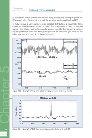 Chapter 5
to ask is how narrow or how wide or how many artifacts the filtering shape of this
OSA would offer: this is a value to look for to determine the quality of an OSA.
To fully resolve a very narrow power spectral distribution, a wavemeter (also
called an interferometer) must be used. This instrument is best to resolve
narrow line shape but, unfortunately, cannot provide the power amplitude
values: perfection does not exist; what you win on one side, you lose on the
other side and you must accept compromises.
TESTING REQUIREMENTS
158
Chapter
5
±0.0025 nm ˜ ±0.3 GHz
±0.1 dB
59h54
0.010
0.005
1544.920
-0.005
-0.010
nm
dBm
h
0.50
-17.93
-0.50
-1.00
42:00 43:00 44:00 45:00
Figure 5.33 – Example of long-term optical source power and frequency stability
DFB laser vs. OSA
Power
(dBm)
0
-10 -
-20 -
-30 -
-40 -
-50 -
-60 -
-70
1548 1550 1552 1554 1556 1558
Figure 5.34 – Example of DFB laser spectral power distribution with an OSA
Guide FTTH--p145-190.qxd:Layout 1 09/06/10 09:55 Page 158
 