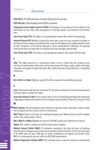 Chapter 7
IEEE 802.3: The IEEE standards committee defining Ethernet networks.
IEEE 802.3ah: 2004 standards where EPON is specified.
Integrated services digital network (ISDN): An all-digital communications line that allows for the
transmission of voice, data, video and graphics, at very high speeds, over standard communication
lines.
Inter-Frame Gap (IFG): The delay or time gap between frames. Also called inter-packet gap.
Internet Protocol (IP): Method or protocol by which data is sent from one computer to another on
the Internet. Each computer on the Internet has at least one IP address that uniquely identifies it from
all other computers on the Internet. Because of these standardized IP addresses, the gateway
receiving the data can keep track of, recognize and route messages appropriately.
Inter-Packet Gap (IPG): The delay or time gap between packets. Also called inter-frame gap.
J
Jitter: The slight movement of a transmission signal in time or phase that can introduce errors
and loss of synchronization. More jitter will be encountered with longer cables, cables with higher
attenuation, and signals at higher data rates. Also, called phase jitter, timing distortion, or intersymbol
interference.
K
Kb/s, Kbit/s or Kbps: Kilobit per second. One Kb/s equals one thousand bits per second.
L
Link: A transmission path between two points. The link does not include any of the terminal equipment,
work-area cables, or equipment cables.
Local-Area Network (LAN): A term used to refer to a form of networking technology that implements
a high-speed, relatively short distance form of computer communications. Ethernet is one type of LAN.
M
MAC Address: The 48-bit address used in Ethernet to identify a station. Generally a unique number
that is programmed into a device at time of manufacture.
MAC Frame: Name for the data unit exchanged between peer Medium Access Control sublayer
entities. Also called simply a "frame".
Mb/s, Mbit/s or Mbps: Megabits per second. One Mb/s equals one million bits per second.
Media: Wire, cable, or conductors used for transmission of signals.
Medium Access Control (MAC): A mechanism operating at the data link layer of local-area
networks which manages access to the communications channel (medium). It forms the lower layer
of the IEEE data link layer (OSI layer 2) which complements the Logical Link Control (LLC).
MAC is a media-specific protocol within the IEEE 802 specifications.
Medium-Dependent Interface (MDI): The connector used to make the mechanical and electrical
GLOSSARY
168
Chapter
7
Guide FTTH--p145-190.qxd:Layout 1 09/06/10 09:55 Page 168
 