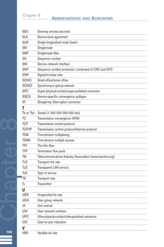 Chapter 8
ABBREVIATIONS AND ACRONYMS
182
Chapter
8
SES Severely errored seconds
SLA Service-level agreement
SLM Single longitudinal mode (laser)
SM Singlemode
SMF Singlemode fiber
SN Sequence number
SNI Service network interface
SNP Sequence number protection, comprised of CRC and EPC
SNR Signal-to-noise ratio
SOHO Small office/home office
SONET Synchronous optical network
SPC Super-physical-contact/super-polished connector
SSCS Service-specific convergence sublayer
ST Straight-tip (fiber-optic) connector
T
Tb or Tbit Terabit (1 000 000 000 000 bits)
TC Transmission convergence (ATM)
TCP Transmission control protocol
TCP/IP Transmission control protocol/Internet protocol
TDM Time-division multiplexing
TDMA Time-division multiple access
TFF Thin-film filter
TFP Termination flow point
TIA Telecommunications Industry Association (www.tiaonline.org)
TLR Transport link rate
TLS Transparent LAN service
ToS Type of service
TR Transport rate
Tx Transmitter
U
UBR Unspecified bit rate
UGN User group network
UI Unit interval
UNI User network interface
UPC Ultra-physical-contact/ultra-polished connector
UUI User-to-user indication
V
VBR Variable bit rate
Guide FTTH--p145-190.qxd:Layout 1 09/06/10 09:55 Page 182
 