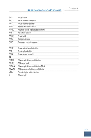 Chapter 8
ABBREVIATIONS AND ACRONYMS
183
VC Virtual circuit
VCC Virtual channel connection
VCI Virtual channel identifier
VDS Video distribution service
VDSL Very-high-speed digital subscriber line
VFL Visual fault locator
VLAN Virtual LAN
VOD Video-on-demand
VoIP Voice over Internet protocol
VPCI Virtual path channel identifier
VPI Virtual path identifier
VPN Virtual private network
W
WDM Wavelength-division multiplexing
WLAN Wide-area LAN
WPON Wavelength-division multiplexing PON
WWDM Wide wavelength-division multiplexing
xDSL Generic digital subscriber line
λ Wavelength
Guide FTTH--p145-190.qxd:Layout 1 09/06/10 09:55 Page 183
 