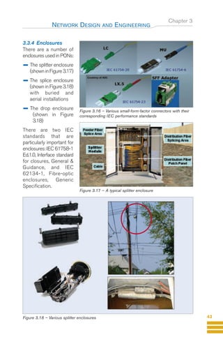 Chapter 3
3.3.4 Enclosures
There are a number of
enclosures used in PONs:
The splitter enclosure
(shown inFigure 3.17)
The splice enclosure
(shown in Figure 3.18)
with buried and
aerial installations
The drop enclosure
(shown in Figure
3.18)
There are two IEC
standards that are
particularly important for
enclosures: IEC 61758-1
Ed.1.0, Interface standard
for closures, General &
Guidance, and IEC
62134-1, Fibre-optic
enclosures, Generic
Specification.
NETWORK DESIGN AND ENGINEERING
43
Figure 3.16 – Various small-form-factor connectors with their
corresponding IEC performance standards
Figure 3.17 – A typical splitter enclosure
Figure 3.18 – Various splitter enclosures
Guide FTTH-p1-68:Layout 1 09/06/10 09:13 Page 43
 