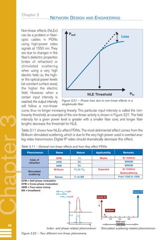 Chapter 3
Non-linear effects (NLEs)
can be a problem in fiber-
optic cables in PONs
using high-power video
signals at 1550 nm. They
are due to changes in the
fiber’s dielectric properties
(index of refraction) or
stimulated scattering
when using a very high
electric field; i.e., the high-
er the optical power levels
(at constant surface area),
the higher the electric
field. However, when a
certain input intensity is
reached, the output intensity
will follow a non-linear
curve, thus no longer increasing linearly. This particular input intensity is called the non-
linearity threshold; an example of the non-linear activity is shown in Figure 3.21. The field
intensity for a given power level is greater with a smaller fiber core, and longer fiber
lengths decrease the threshold for NLE.
Table 3.11 shows how NLEs affect PONs. The most detrimental effect comes from the
Brillouin stimulated scattering, which is due to the very high power used in overlaid ana-
log video transmission. Digital IP video should dramatically decrease this effect.
Table 3.11 – General non-linear effects and how they affect PONs
NETWORK DESIGN AND ENGINEERING
46
Chapter
3
NLE Threshold
Loss
Pout
Pin
Figure 3.21 -- Power loss due to non-linear effects in a
singlemode fiber
Phenomenon Name
SPM = Self-phase modulation
XPM = Cross-phase modulation
4WM = Four-wave mixing
BB = broadband
Nature Applicability Remarks
SPM
XPM
4WM
Brillouin
Raman
1λ
Nλ
Nλ
1λi to 1λj
1λ to BB
Maybe
Expected
At 1550nm
WWDM
WWDM
At 1550nm
Backscattering
From 1550 to 1600
Index of
refraction
Stimulated
scattering
n(t) = no + n2I(t)
β(t) = kn(t)
= kno + kn2I(t)
t
no
n, β
I
0 0.2 0.4
Shift (nm)
0.6
100 GHz
Brillouin
Carrier #1
Carrier #2
Figure 3.22 – Two different non-linear phenomena
Index- and phase-related phenomenon Stimulated scattering-related phenomenon
Guide FTTH-p1-68:Layout 1 09/06/10 09:14 Page 46
 