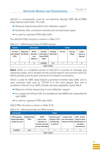 Chapter 3
AAL3/4 is consequently used for non-real-time (bursty) VBR (Burst-VBR)
delay-tolerant data traffic. This AAL:
Requires sequencing and/or error detection support
Combines AAL connection-oriented and connectionless types
Is used for upstream PON data traffic
The AAL3/4 PDU structure is shown in Table 3.17.
Table 3.17 – AAL3/4 protocol data unit (PDU) structure
AAL5: AAL5 is a simplified version of AAL3/4. It consists of message and
streaming modes, and is divided into the service-specific and common–part CS.
AAL5 provides point-to-point and point-to-multipoint connections.
AAL5 is used for VBR, delay-tolerant connection-oriented data traffic and to
carry computer data such as TCP/IP. It is the most popular AAL and is
sometimes referred to as SEAL (simple and easy adaptation layer) AAL5:
Requires minimal sequencing or error-detection support
Is a simple and efficient AAL for available bit rate (ABR) and unspecified bit
rate (UBR)
Is used for upstream PON data traffic
AAL5 PDU structure is shown in Table 3.18.
Table 3.18 – AAL5 protocol data unit (PDU) structure
NETWORK DESIGN AND ENGINEERING
57
Header Information Trailer
Common Beginning Buffer Variable Padding All-zero End tag Length
part indicator tag (Btag) allocation information field (Pad) (Etag) (same as
(CPI) size field (CPCS BAsize)
(BAsize) SDU)
1 1 2 0-65535 0-3 1 1 2
Byte number
Information Trailer
CPCS payload Padding field CPCS Common part Length of the CRC - 32 bits
(actual information (Pad) user-to-user indicator (CPI) user information (Used to allow
sentby the user) indication to (a filling byte without the Pad identification of
transfer one byte of value 0) corrupted
of user information transmission)
0-65535 0-47 1 1 2 4
Byte number
Guide FTTH-p1-68:Layout 1 09/06/10 09:14 Page 57
 
