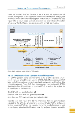 Chapter 3
There are also two other bit contents in the PCB that are important to the
efficient management of the upstream transmission: identification and payload
information. The 4-byte identification segment contains a super 30-bit counter (see
Figure 3.45) to ensure proper user-data encryption and lower-rate synchronization
referencing. The identification also contains one bit for FEC identification.
3.5.3.2 GPON Protocol and Upstream Traffic Management
The GPON upstream frame is similar to that of the BPON: it contains a num-
ber of overhead bytes (three are used in BPON), PLOAM messaging, an ONT
laser control, information on dynamic bandwidth assignment and, finally, a data
information payload. Figure 3.47 illustrates upstream transmission with GPON,
showing the four different types of overhead (OH), as well as the payload for
different types of transmissions:
One ONT with one grant allocation (a)
One ONT with more than one grant allocation (b)
More than one ONT, each with one grant allocation (c)
It can be seen from Figure 3.47 (b), that when more than one grant has been
provided to the ONT, the physical-layer overhead (PLO), PLOAM and power
leveling sequence (PLS) are not repeated for further grant allocations. In fact,
for contiguous allocation identifications, only the upstream dynamic bandwidth
NETWORK DESIGN AND ENGINEERING
71
Upstream BW grant allocation
Fixed length = n x 8 bytes
n = number of ONTs
n 2 1
PLOAM Message
Payload length (4 bytes)
Identification
Physical
synchronization
Payload
length
Bit
interleave
parity
(BIP)
Payload
length
(for
robustness)
Physical control black (PCB)
OLT
ONT
Cyclic
redundancy
check (CRC)
1 byte
ATM partition
length (Alen
)
ATM part +
53 x Alen
bytes
Bandwidth mapping
length (Blen
)
BW map =
8 x Blen
bytes
Downstream
Figure 3.46 – Payload length block in PCB header
GuideFTTH-p69-144:Layout 1 09/06/10 09:39 Page 71
 