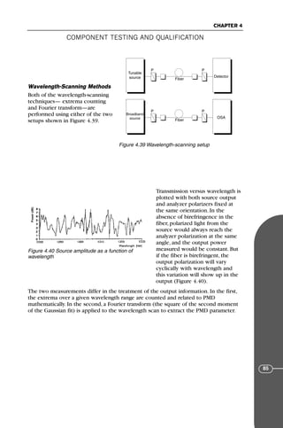 COMPONENT TESTING AND QUALIFICATION
CHAPTER 4
85
Wavelength-Scanning Methods
Both of the wavelength-scanning
techniques— extrema counting
and Fourier transform—are
performed using either of the two
setups shown in Figure 4.39.
Transmission versus wavelength is
plotted with both source output
and analyzer polarizers fixed at
the same orientation. In the
absence of birefringence in the
fiber, polarized light from the
source would always reach the
analyzer polarization at the same
angle, and the output power
measured would be constant. But
if the fiber is birefringent, the
output polarization will vary
cyclically with wavelength and
this variation will show up in the
output (Figure 4.40).
The two measurements differ in the treatment of the output information. In the first,
the extrema over a given wavelength range are counted and related to PMD
mathematically. In the second, a Fourier transform (the square of the second moment
of the Gaussian fit) is applied to the wavelength scan to extract the PMD parameter.
Tunable
source Detector
Fiber
P P
Broadband
source OSA
Fiber
P P
Figure 4.39 Wavelength-scanning setup
Figure 4.40 Source amplitude as a function of
wavelength
71136 001-194_cb 11/10/08 8:58 AM K 85
 