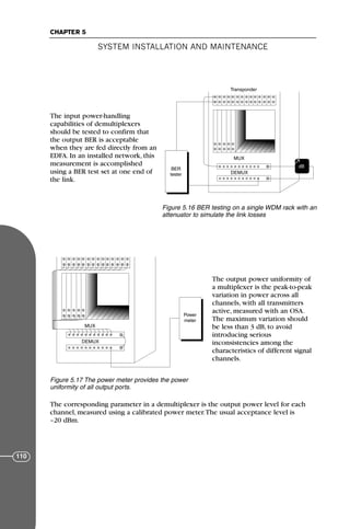 The input power-handling
capabilities of demultiplexers
should be tested to confirm that
the output BER is acceptable
when they are fed directly from an
EDFA. In an installed network, this
measurement is accomplished
using a BER test set at one end of
the link.
The output power uniformity of
a multiplexer is the peak-to-peak
variation in power across all
channels, with all transmitters
active, measured with an OSA.
The maximum variation should
be less than 3 dB, to avoid
introducing serious
inconsistencies among the
characteristics of different signal
channels.
The corresponding parameter in a demultiplexer is the output power level for each
channel, measured using a calibrated power meter.The usual acceptance level is
–20 dBm.
SYSTEM INSTALLATION AND MAINTENANCE
CHAPTER 5
110
MUX
DEMUX
Transponder
BER
tester
dB
→
Figure 5.16 BER testing on a single WDM rack with an
attenuator to simulate the link losses
Power
meter
MUX
DEMUX
Figure 5.17 The power meter provides the power
uniformity of all output ports.
71136 001-194_cb 11/10/08 8:58 AM K 110
 