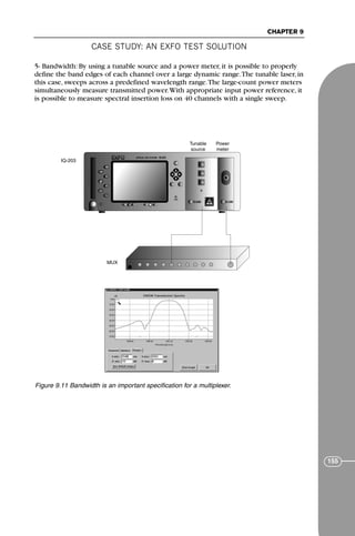 CASE STUDY: AN EXFO TEST SOLUTION
CHAPTER 9
155
5- Bandwidth: By using a tunable source and a power meter, it is possible to properly
define the band edges of each channel over a large dynamic range.The tunable laser, in
this case, sweeps across a predefined wavelength range.The large-count power meters
simultaneously measure transmitted power.With appropriate input power reference, it
is possible to measure spectral insertion loss on 40 channels with a single sweep.
F
IQ-2600 IQ-1500
IQ-203
MUX
Tunable
source
Power
meter
Figure 9.11 Bandwidth is an important specification for a multiplexer.
71136 001-194_cb 11/10/08 8:58 AM K 155
 