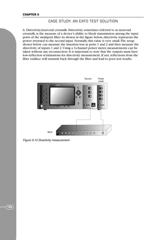 CASE STUDY: AN EXFO TEST SOLUTION
CHAPTER 9
156
6- Directivity/near-end crosstalk: Directivity, sometimes referred to as near-end
crosstalk, is the measure of a device’s ability to block transmission among the input
ports of the multiport filter.As shown in the figure below, directivity represents the
power returned to the second input. Normally, this value is very small.The setup
shown below can measure the insertion loss at ports 1 and 2 and then measure the
directivity of inputs 1 and 2. Using a 3-channel power meter, measurements can be
taken without any reconnection. It is important to note that the outputs must have
low-reflection terminations for directivity measurement. If not, reflections from the
fiber endface will transmit back through the filter and lead to poor test results.
F
IQ-2600 IQ-1200
MUX
Source Power
meter
Figure 9.12 Directivity measurement
71136 001-194_cb 11/10/08 8:58 AM K 156
 