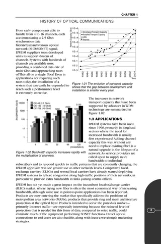 HISTORY OF OPTICAL COMMUNICATIONS
CHAPTER 1
3
From early components able to
handle from 4 to 16 channels, each
accommodating a 2.5 Gb/s
synchronous data
hierarchy/synchronous optical
network (SHD/SONET) signal,
DWDM suppliers soon developed
units to support dozens of
channels. Systems with hundreds of
channels are available now,
providing a combined data rate of
multi-Gb/s and approaching rates
of Tb/s all on a single fiber! Even in
applications not requiring such
rates today, the installation of a
system that can easily be expanded to
reach such a performance level
is extremely attractive.
The increases in network
transport capacity that have been
supported by advances in WDM
technology are summarized in
Figure 1.02.
1.3 APPLICATIONS
DWDM systems have been used
since 1996, primarily in long-haul
sectors where the need for
increased bandwidth is usually
first experienced.Adding channel
capacity this way, without any
need to replace existing fiber, is a
natural upgrade in the lifespan of a
network.As service providers are
called upon to supply more
bandwidth to individual
subscribers and to respond quickly to traffic patterns that are constantly changing, the
DWDM approach will see greater use at other network levels. Competitive local-
exchange carriers (CLECs) and several local carriers have already started deploying
DWDM systems to relieve congestion along high-traffic portions of their networks, in
particular to provide extra bandwidth in links joining central offices.
DWDM has not yet made a great impact on the incumbent local-exchange carrier
(ILEC) market, where laying new fiber is often the most economical way of increasing
bandwidth, although some use in point-to-point applications has been reported.
Products are now entering the market that specifically address the problems of
metropolitan area networks (MANs), products that provide ring and mesh architecture
protection at the optical layer. Products intended to serve the pure-data market—
primarily Internet traffic—are especially interesting because the reduced level of
protection that is needed for this form of data, compared to voice traffic, could
eliminate much of the equipment performing SONET functions. Direct optical
connections to end-users are also feasible, along with lease-a-wavelength marketing
strategies.
1E-3
1E-2
1E-1
1E+0
1E+1
1E+2
1E+3
1E+4
1E+6
1E+5
1982
1984
1986
1988
1990
1992
1994
1996
1998
2000
2002
2004
Network
Capacity
(Gb/s)
Developed Transport Capacity
Installed Transport Capacity
LAN
Internet
Years
Figure 1.01 The evolution of transport capacity
shows that the gap between development and
installation is smaller every year.
1
10
100
1000
10000
4 16 32 64 128
10
160
40 40
160
80
160
640 640
2560
320 320
1280
1280
5120
OC-48 (2.5 Gb/s)
OC-192 (10 Gb/s)
OC-768 (40 Gb/s)
BANDWIDTH
(Gb/S)
(CHANNELS)
Figure 1.02 Bandwidth capacity increases rapidly with
the multiplication of channels.
71136 001-194_cb 11/10/08 8:58 AM K 3
 