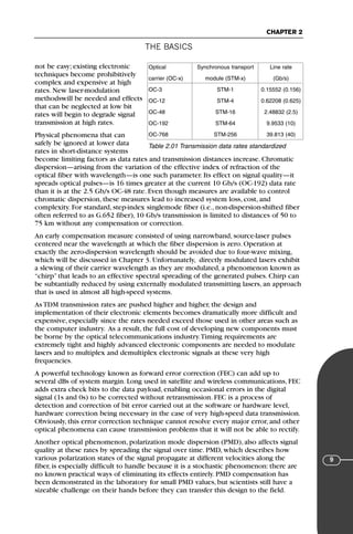 THE BASICS
CHAPTER 2
9
not be easy; existing electronic
techniques become prohibitively
complex and expensive at high
rates. New laser-modulation
methodswill be needed and effects
that can be neglected at low bit
rates will begin to degrade signal
transmission at high rates.
Physical phenomena that can
safely be ignored at lower data
rates in short-distance systems
become limiting factors as data rates and transmission distances increase. Chromatic
dispersion—arising from the variation of the effective index of refraction of the
optical fiber with wavelength—is one such parameter. Its effect on signal quality—it
spreads optical pulses—is 16 times greater at the current 10 Gb/s (OC-192) data rate
than it is at the 2.5 Gb/s OC-48 rate. Even though measures are available to control
chromatic dispersion, these measures lead to increased system loss, cost, and
complexity. For standard, step-index singlemode fiber (i.e., non-dispersion-shifted fiber
often referred to as G.652 fiber), 10 Gb/s transmission is limited to distances of 50 to
75 km without any compensation or correction.
An early compensation measure consisted of using narrowband, source-laser pulses
centered near the wavelength at which the fiber dispersion is zero. Operation at
exactly the zero-dispersion wavelength should be avoided due to four-wave mixing,
which will be discussed in Chapter 3. Unfortunately, directly modulated lasers exhibit
a slewing of their carrier wavelength as they are modulated, a phenomenon known as
“chirp” that leads to an effective spectral spreading of the generated pulses. Chirp can
be subtantially reduced by using externally modulated transmitting lasers, an approach
that is used in almost all high-speed systems.
As TDM transmission rates are pushed higher and higher, the design and
implementation of their electronic elements becomes dramatically more difficult and
expensive, especially since the rates needed exceed those used in other areas such as
the computer industry. As a result, the full cost of developing new components must
be borne by the optical telecommunications industry.Timing requirements are
extremely tight and highly advanced electronic components are needed to modulate
lasers and to multiplex and demultiplex electronic signals at these very high
frequencies.
A powerful technology known as forward error correction (FEC) can add up to
several dBs of system margin. Long used in satellite and wireless communications, FEC
adds extra check bits to the data payload, enabling occasional errors in the digital
signal (1s and 0s) to be corrected without retransmission. FEC is a process of
detection and correction of bit error carried out at the software or hardware level,
hardware correction being necessary in the case of very high-speed data transmission.
Obviously, this error correction technique cannot resolve every major error, and other
optical phenomena can cause transmission problems that it will not be able to rectify.
Another optical phenomenon, polarization mode dispersion (PMD), also affects signal
quality at these rates by spreading the signal over time. PMD, which describes how
various polarization states of the signal propagate at different velocities along the
fiber, is especially difficult to handle because it is a stochastic phenomenon: there are
no known practical ways of eliminating its effects entirely. PMD compensation has
been demonstrated in the laboratory for small PMD values, but scientists still have a
sizeable challenge on their hands before they can transfer this design to the field.
Table 2.01 Transmission data rates standardized
Optical Synchronous transport Line rate
carrier (OC-x) module (STM-x) (Gb/s)
OC-3 STM-1 0.15552 (0.156)
OC-12 STM-4 0.62208 (0.625)
OC-48 STM-16 2.48832 (2.5)
OC-192 STM-64 9.9533 (10)
OC-768 STM-256 39.813 (40)
71136 001-194_cb 11/10/08 8:58 AM K 9
 